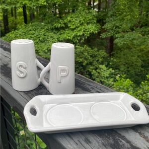 White Ceramic Salt and Pepper Shaker Set with Tray